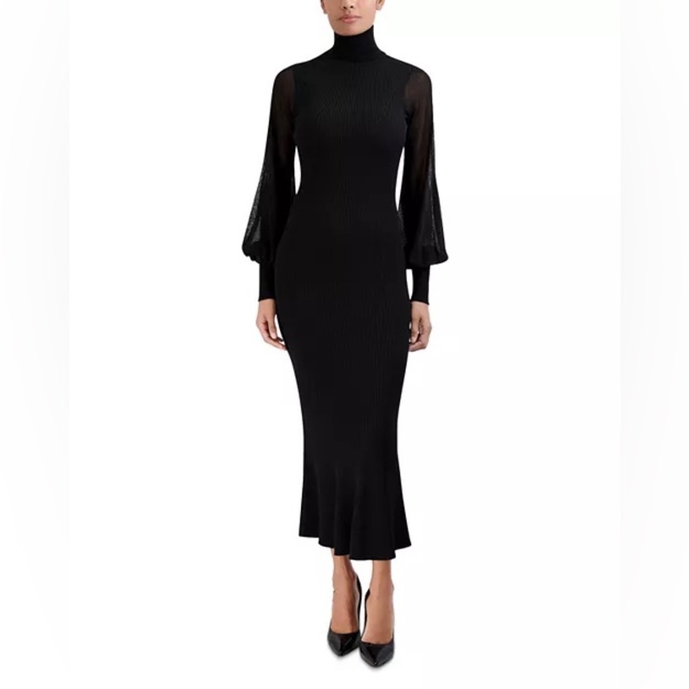 BCBGMAXAZRIA Sheer Sleeve Black Midi Sweater Dress Size XS